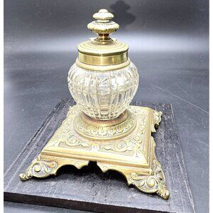 Antique Brass & Glass Ornate Inkwell With Hinged Lid On Decorative Base HS284